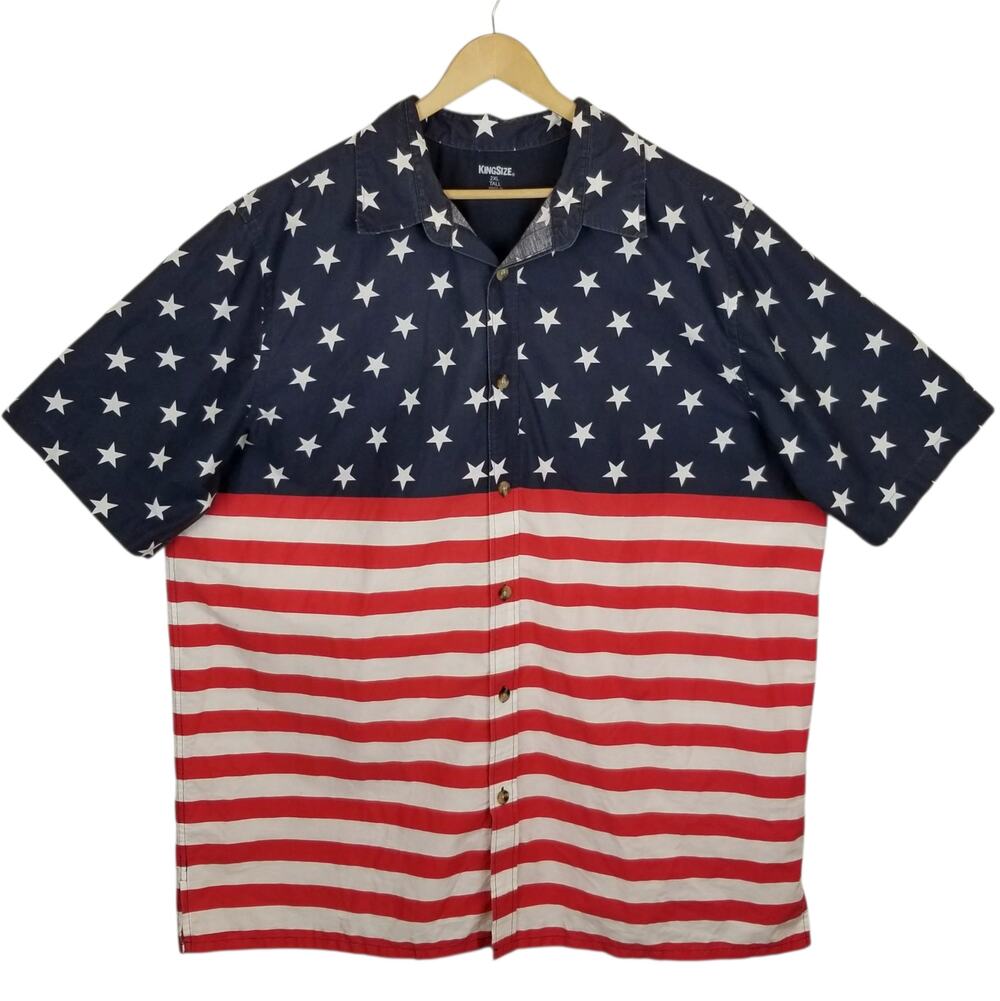 King Size Men's American Flag Short Sleeve Casual Button Up Shirt Size 2XL Tall